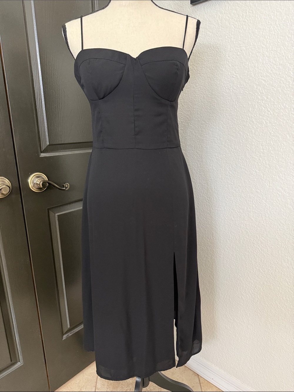 Socialite Black Spaghetti-Strap Midi Dress with Front Slit